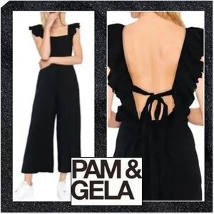 Pam & Gela,(MSRP $300) Black, Fringe Square-NeckJumpsuit, POCKETS, EUC, Size SP